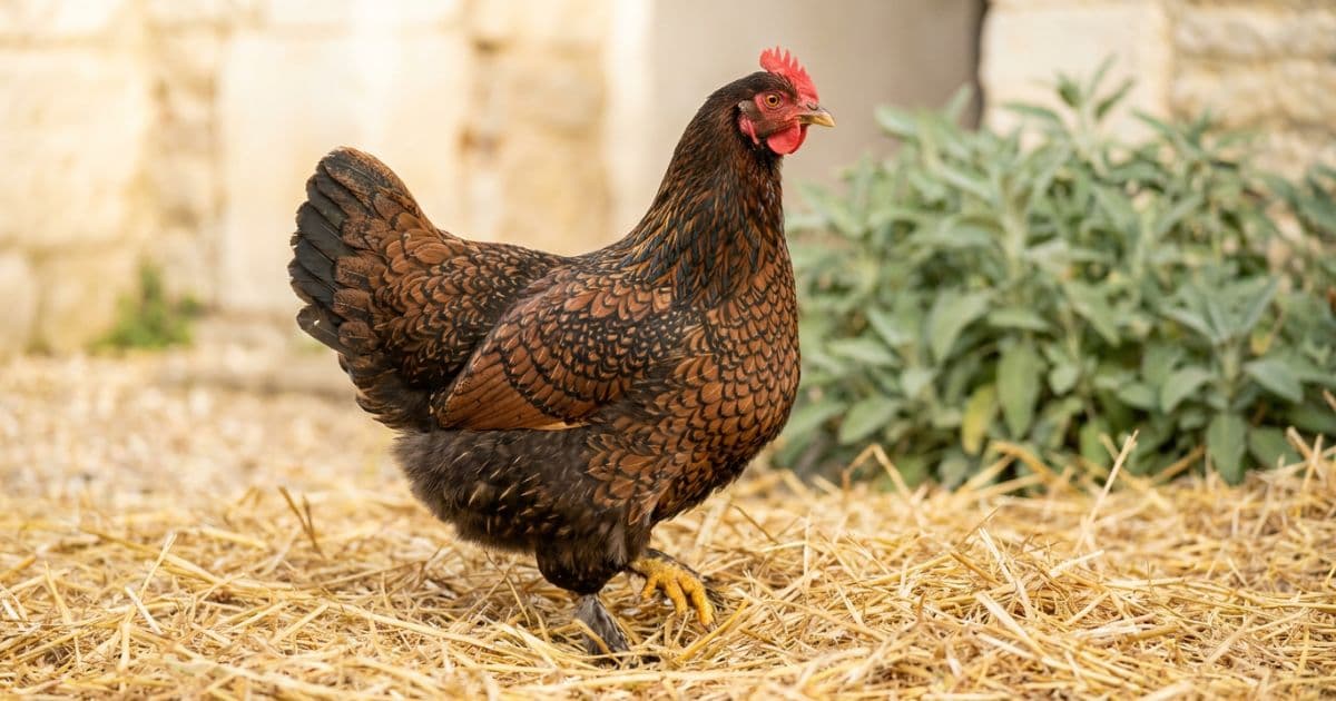 A beautiful double-laced Barnevelder hen foraging in the garden.