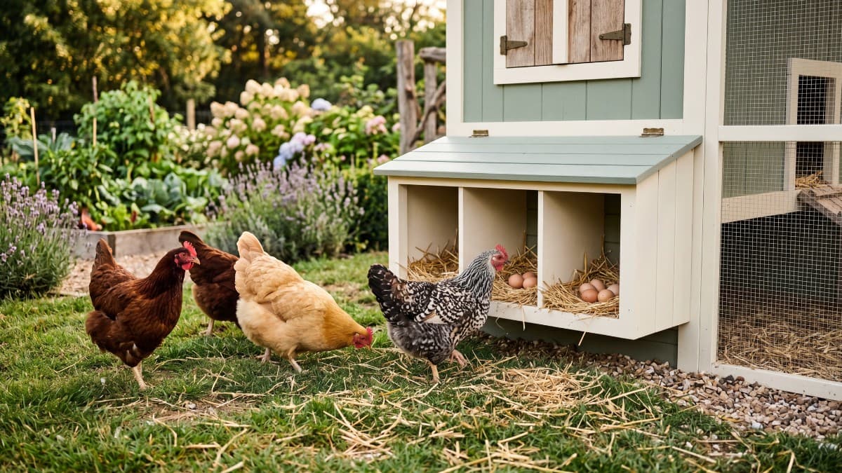A basket of fresh brown and blue eggs beside a backyard flock of high-production laying hens