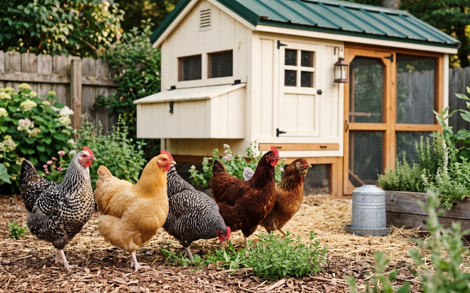 Friendly backyard chicken breeds gathered in a clean homestead yard
