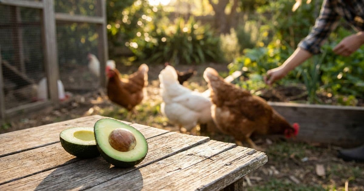 An avocado cut in half, illustrating a food that is safest to avoid for chickens.