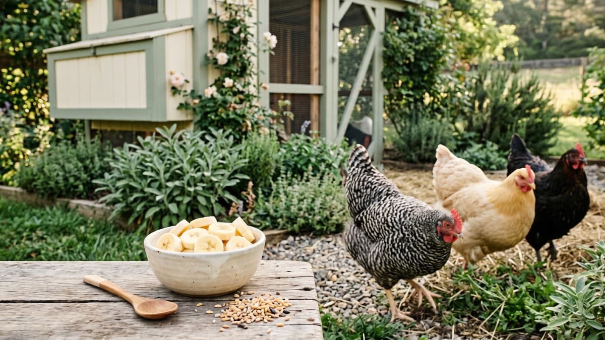 Sliced banana pieces in a small bowl beside healthy backyard chickens