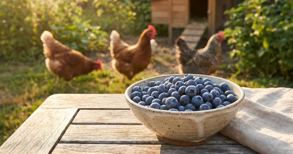 A handful of fresh ripe blueberries being offered to backyard chickens.