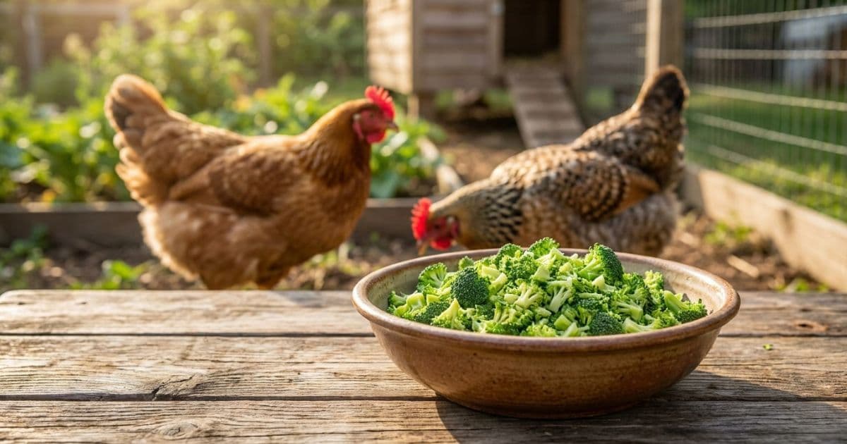 Fresh green broccoli florets in a small bowl next to chickens in a coop.