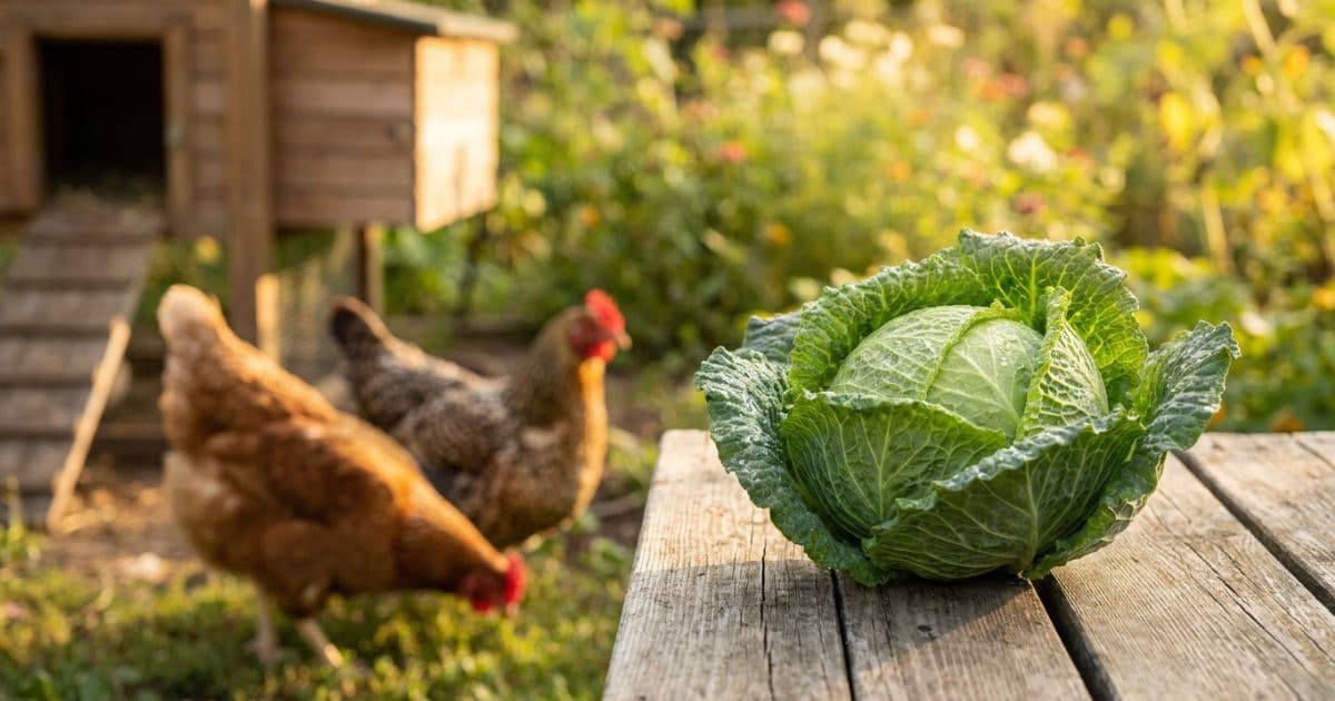 A head of green cabbage hanging from a string in a backyard chicken run.