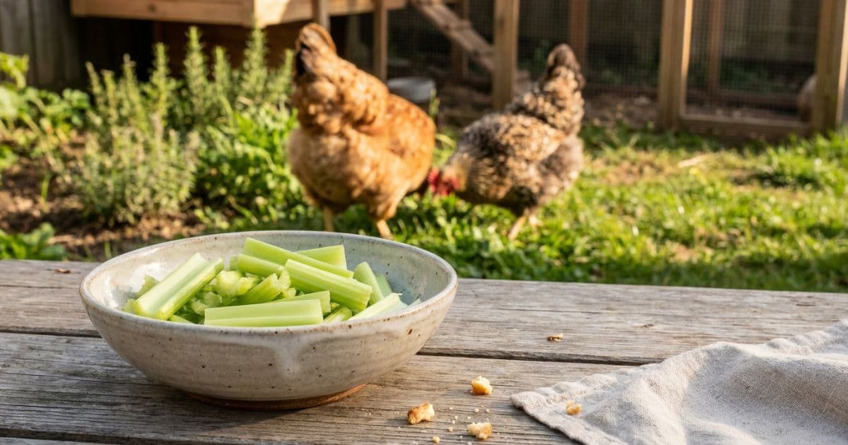 Finely chopped celery stalks and leaves in a feeding dish for chickens.