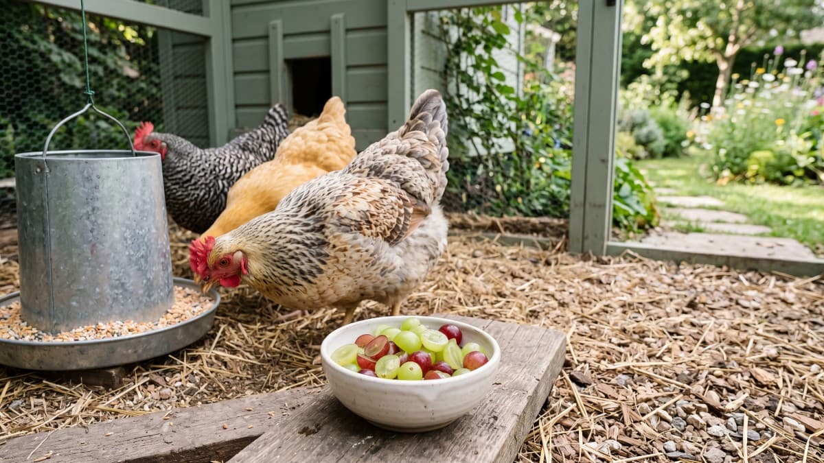 Halved grapes in a small bowl beside healthy backyard chickens