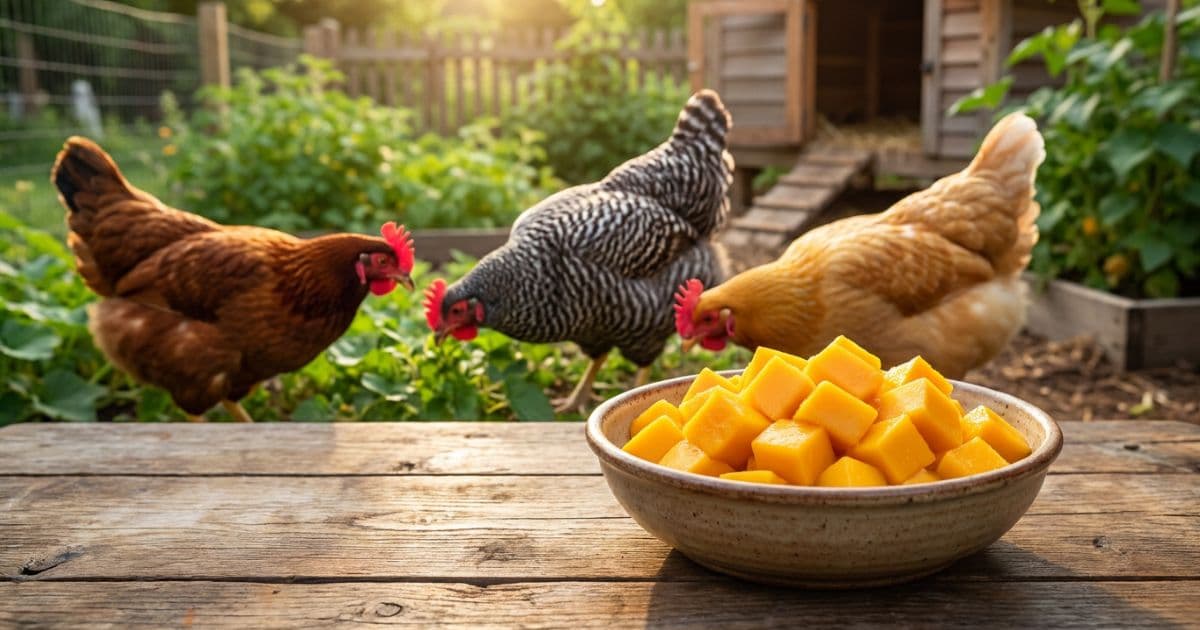 Sliced ripe mango flesh in a dish next to healthy backyard chickens.