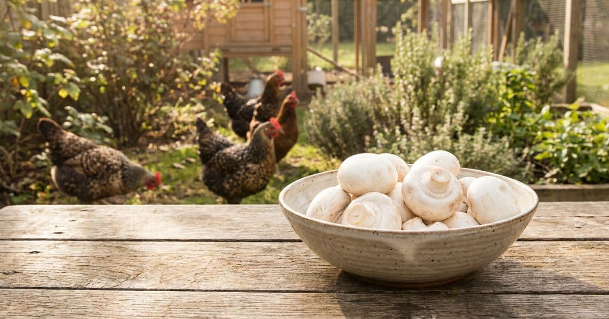 Cooked white button mushrooms served in a bowl for backyard chickens.