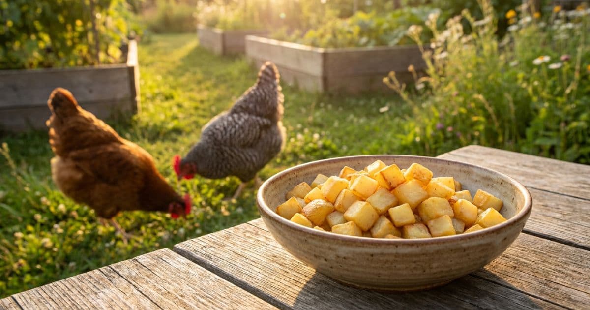 Cooked plain potatoes served in a small bowl for backyard chickens.