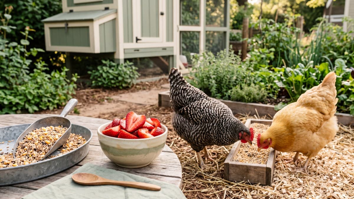 Fresh sliced strawberries in a small bowl beside healthy backyard chickens