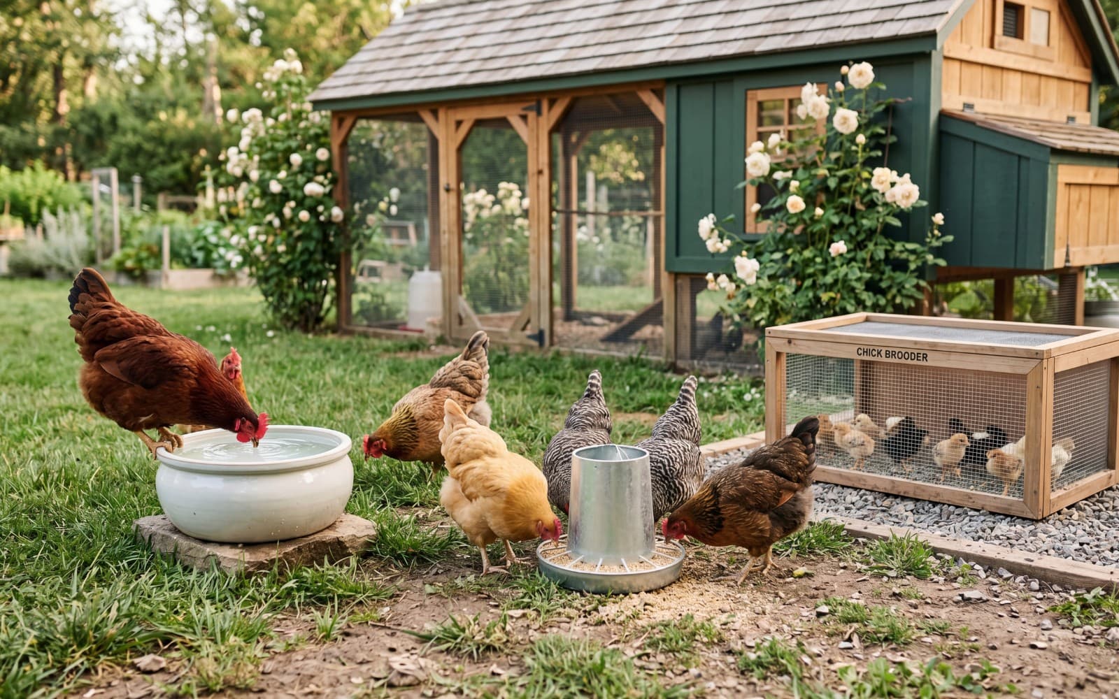Backyard chickens near clean feeders and fresh water for a chicken feed guide by age