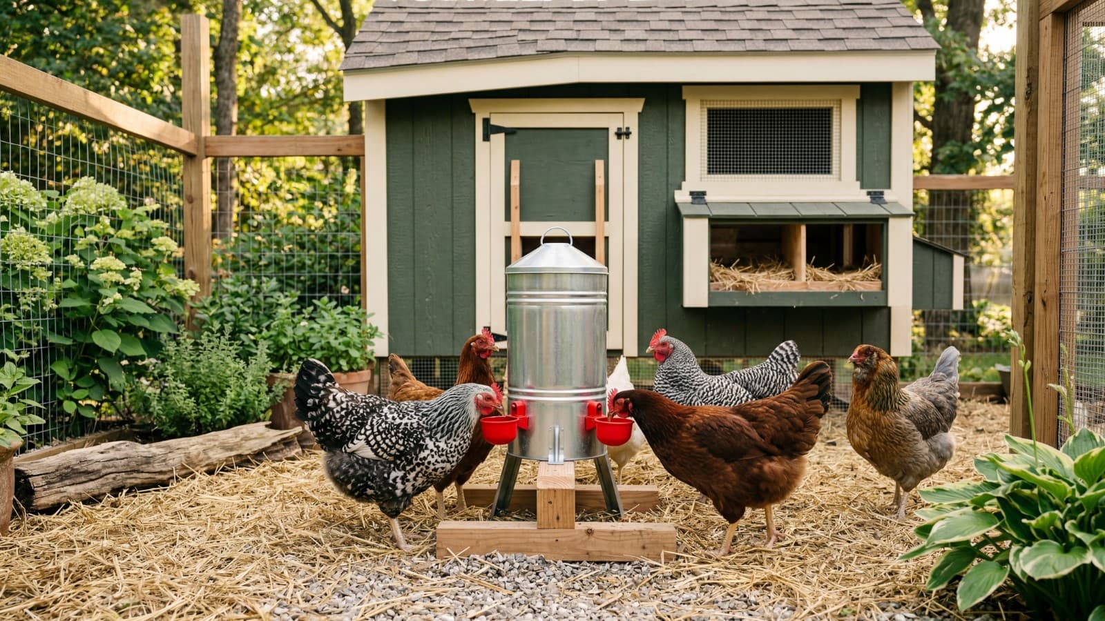 A clean chicken waterer set up inside a backyard coop.