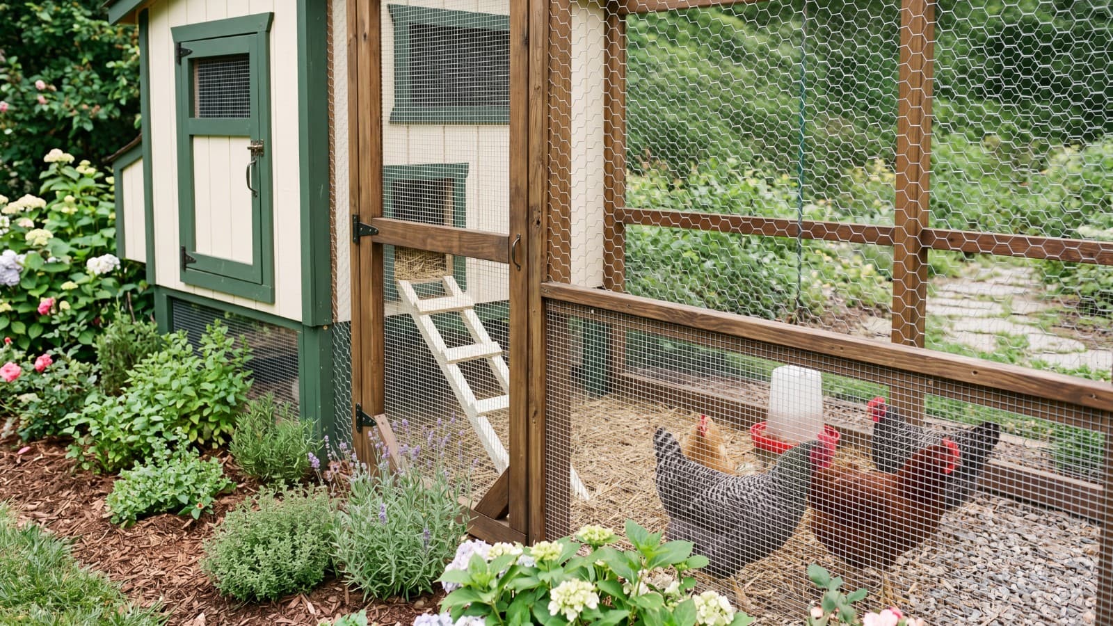 A close comparison of chicken wire and galvanized hardware cloth used to secure a coop.