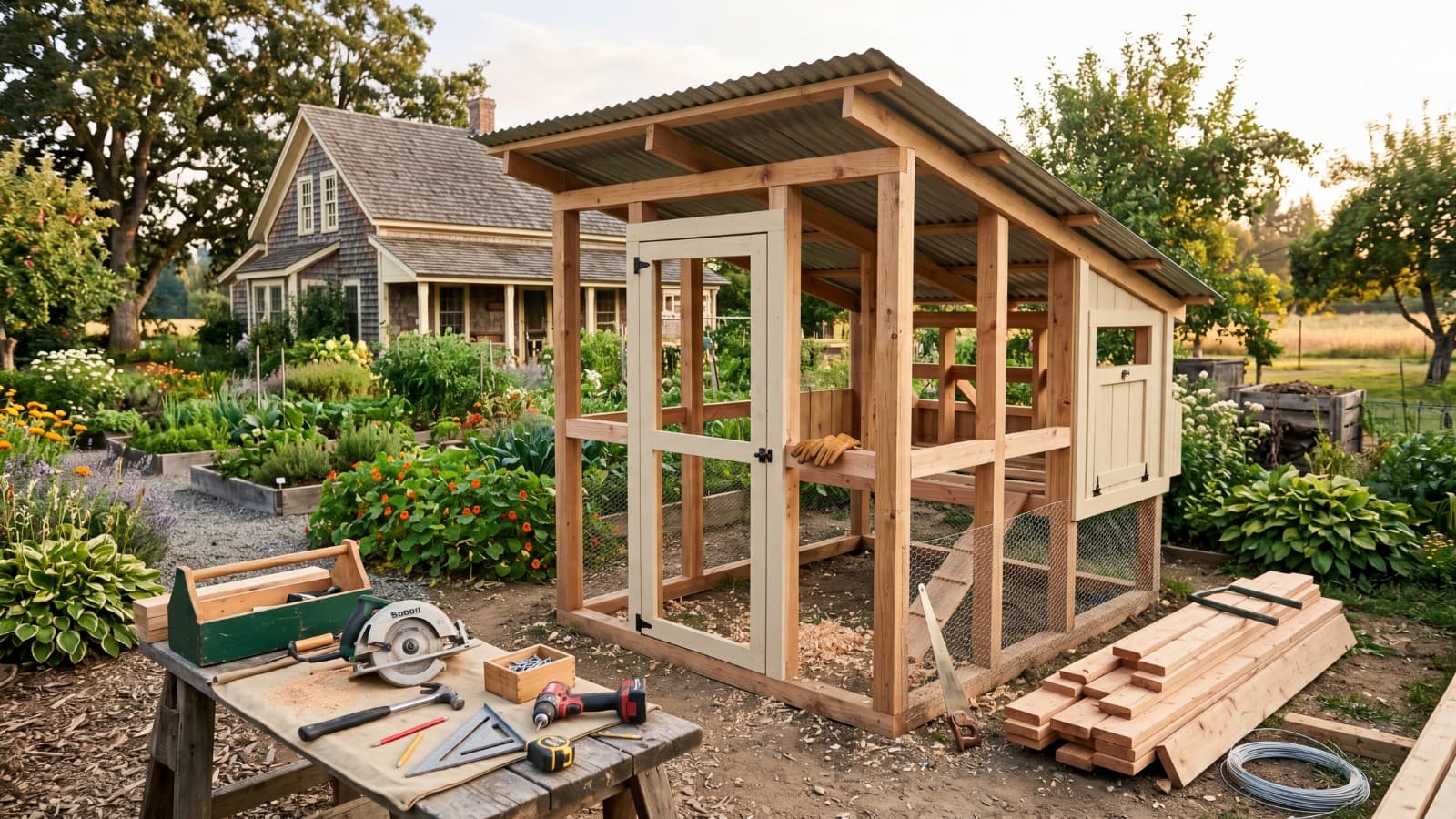 A homeowner mid-build on a custom DIY chicken coop in the backyard.