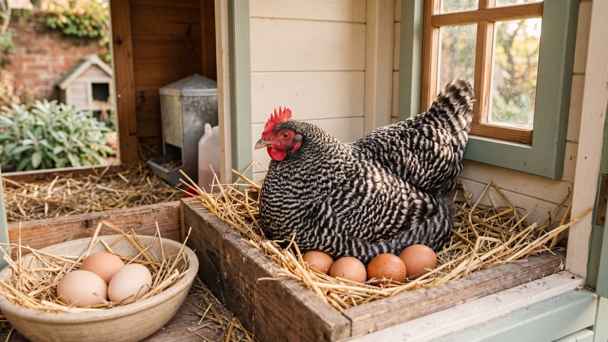 A backyard hen settling into a clean straw nest box with fresh eggs nearby