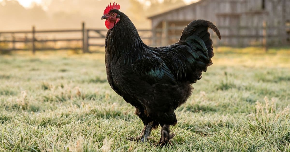 A massive, majestic black Jersey Giant rooster standing in a spacious run.