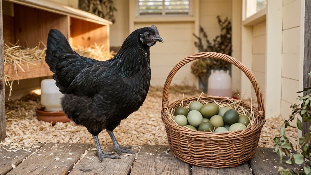 An Olive Egger hen with dark plumage beside a basket of olive green eggs