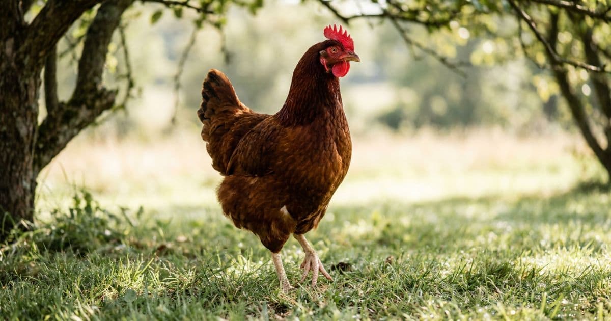 A classic rich mahogany-red Rhode Island Red hen foraging in a sunny backyard.