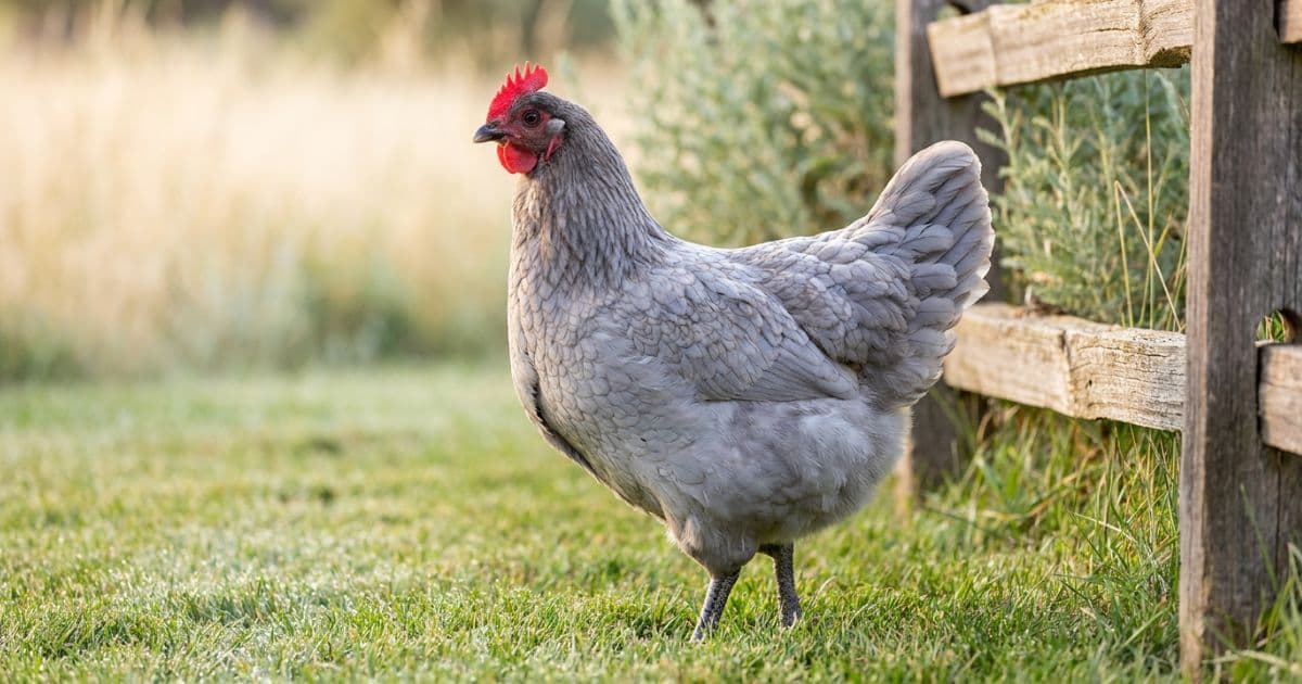A beautiful blue-grey Sapphire Gem hen foraging in the grass.