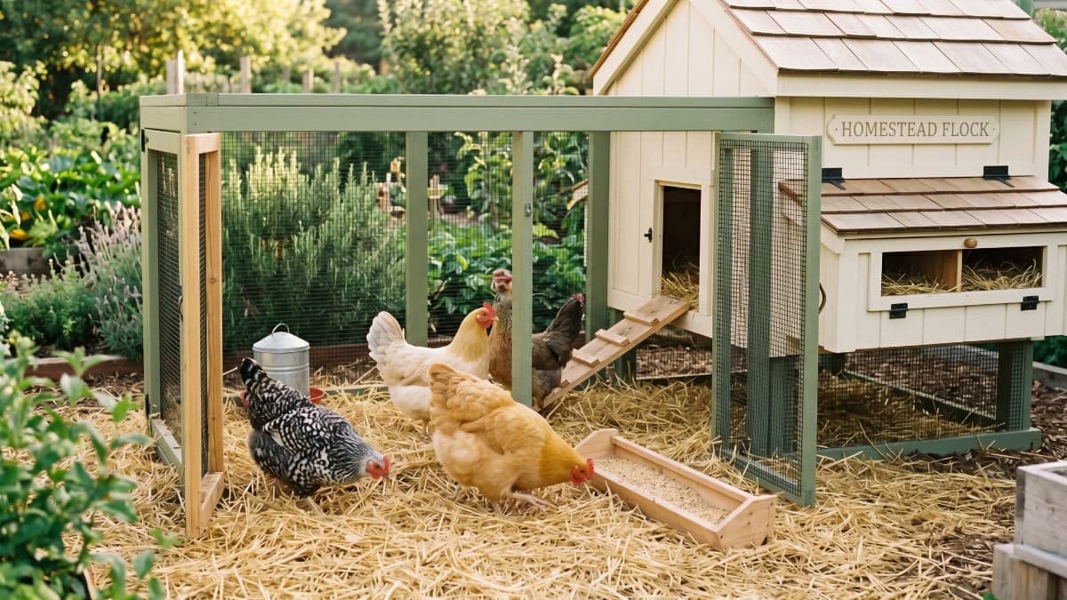 A small bantam chicken in a tidy backyard, representing compact breeds suited to limited space