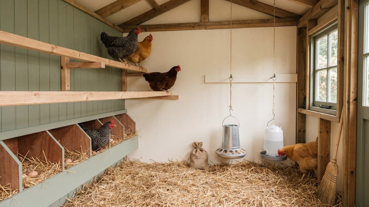 Inside a clean backyard chicken coop with roost bars, nest boxes, and dry bedding