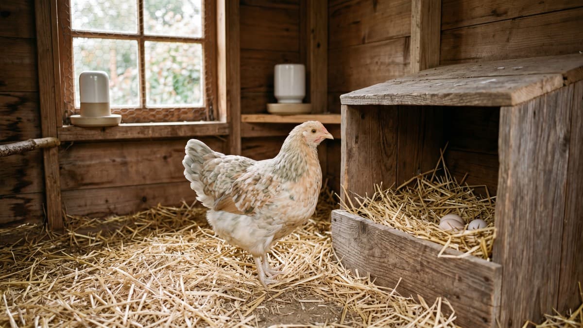 A young pullet near clean nest boxes, close to the age when backyard chickens start laying eggs