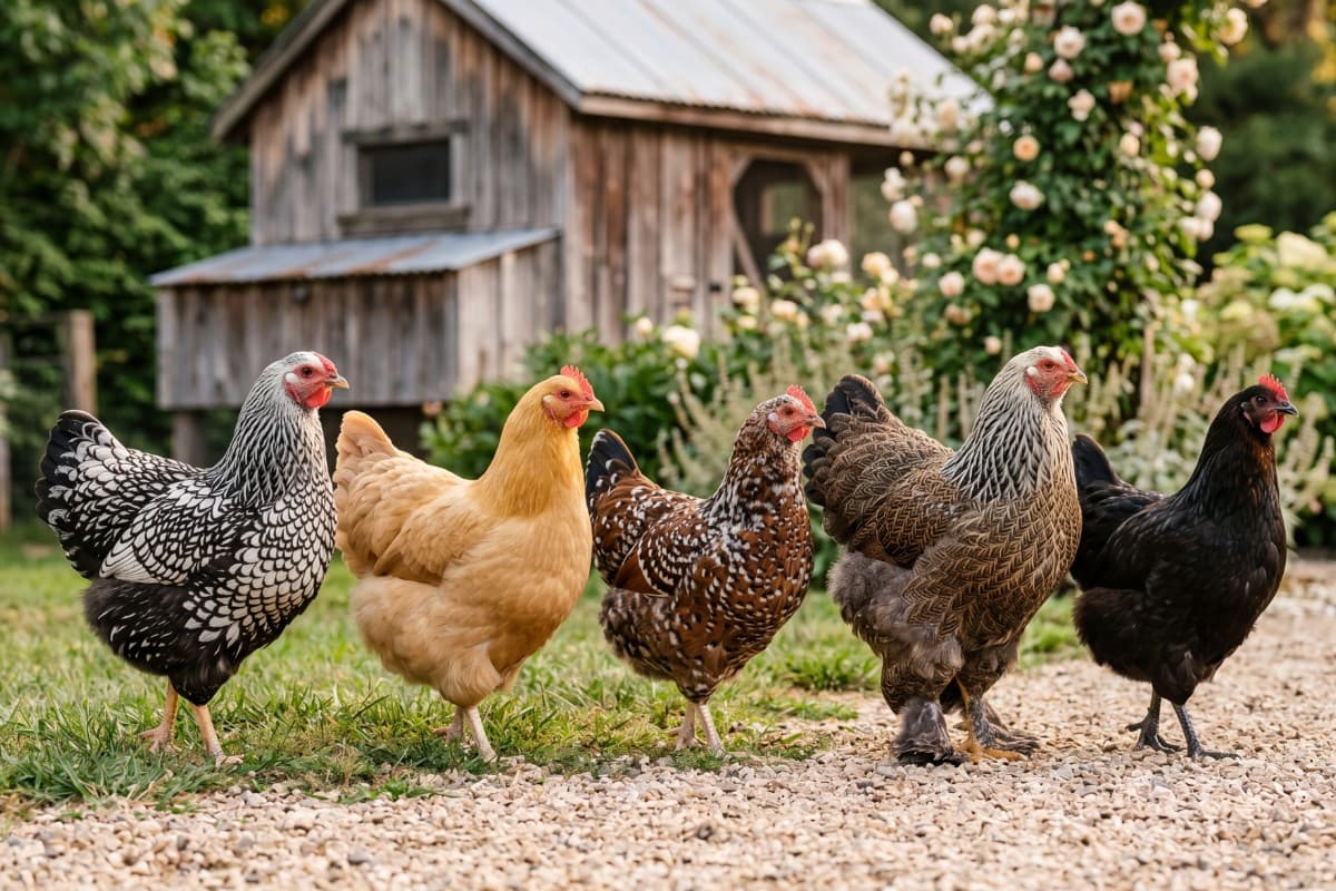 A mixed flock of backyard chicken breeds standing together in a sunny yard.
