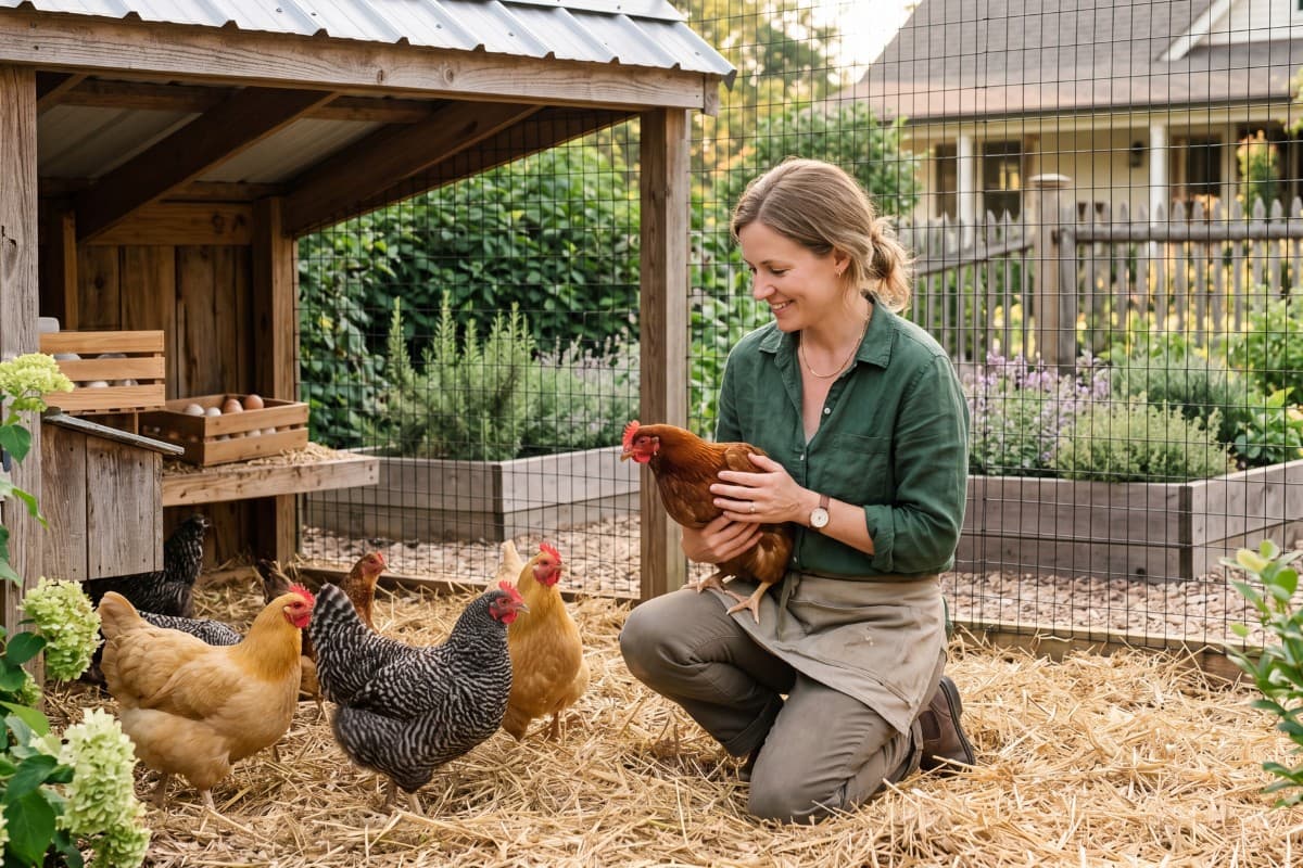 A backyard chicken keeper tending to a small flock of hens in the run.