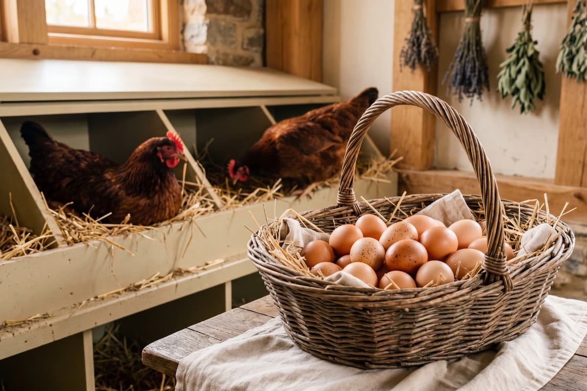 A clutch of fresh backyard chicken eggs in different natural colors.